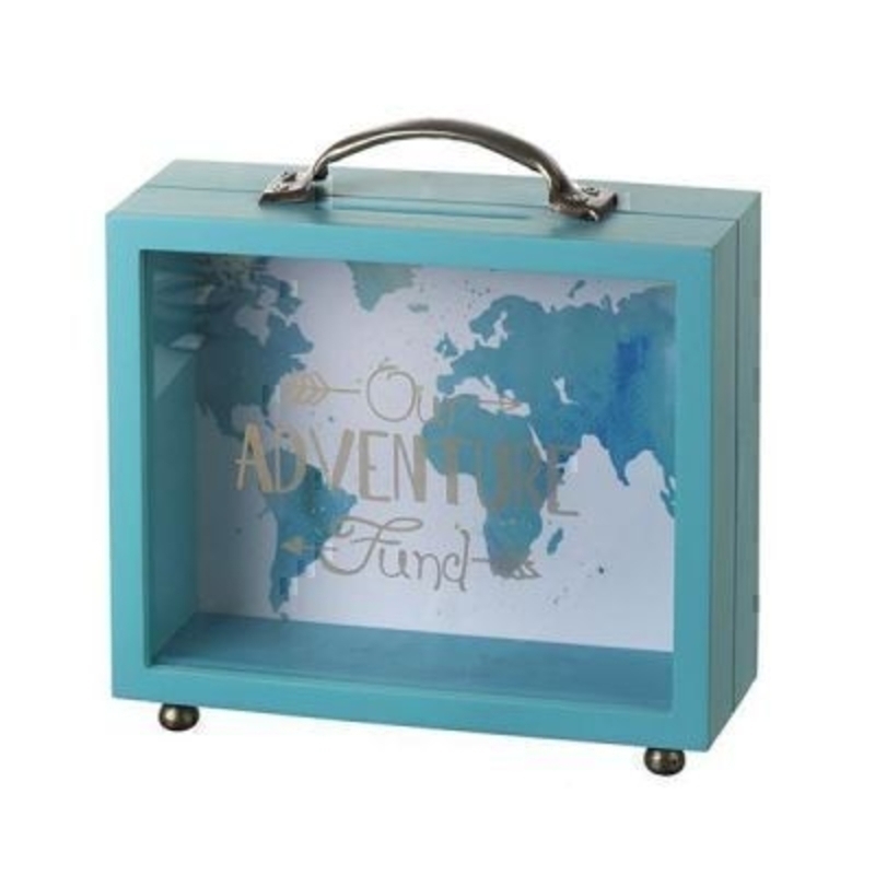 This money box with the words Our Adventure Fund on the front by Heaven Sends is a lovely gift for anyone saving for travelling or a holiday or honeymoon. Made from a turquoise case with a handle on the top it has a backdrop of a map of the world with the